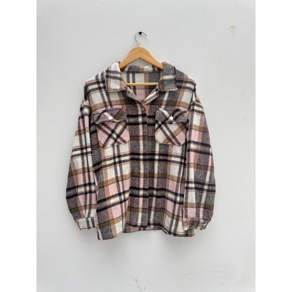 Pink Brown Plaid Flannel Shacket Snap Front Oversized Women's Large